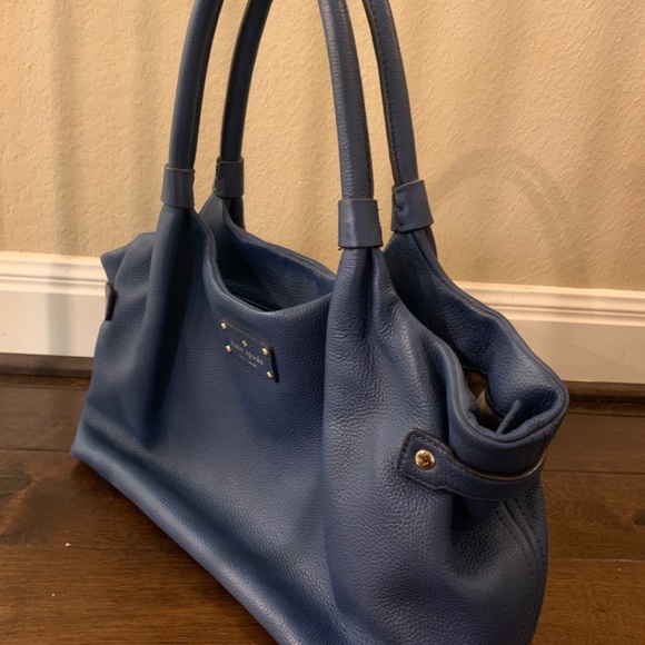 14” Kate Spade Navy Blue Cowhide Full Grain Leather Logo Hobo Tote Purse Satchel - Picture 2 of 3